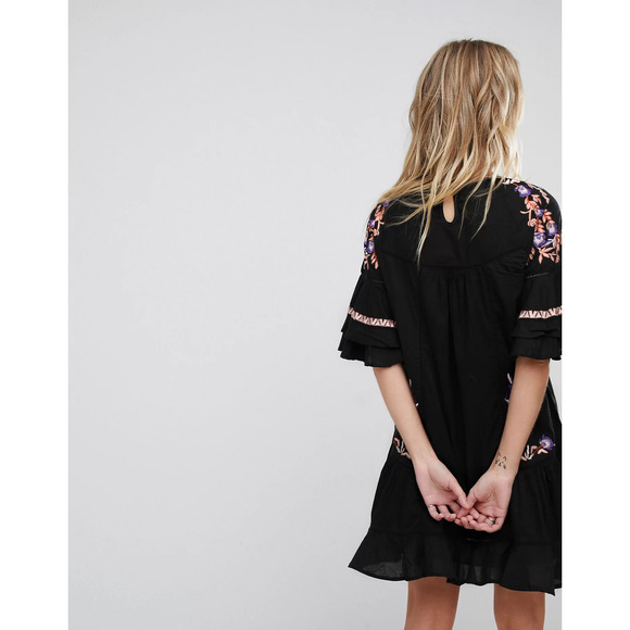 Free People Dress Medium Black Pavlo Emroidered Smock Short Sleeve A-Line Boho - Picture 5 of 13